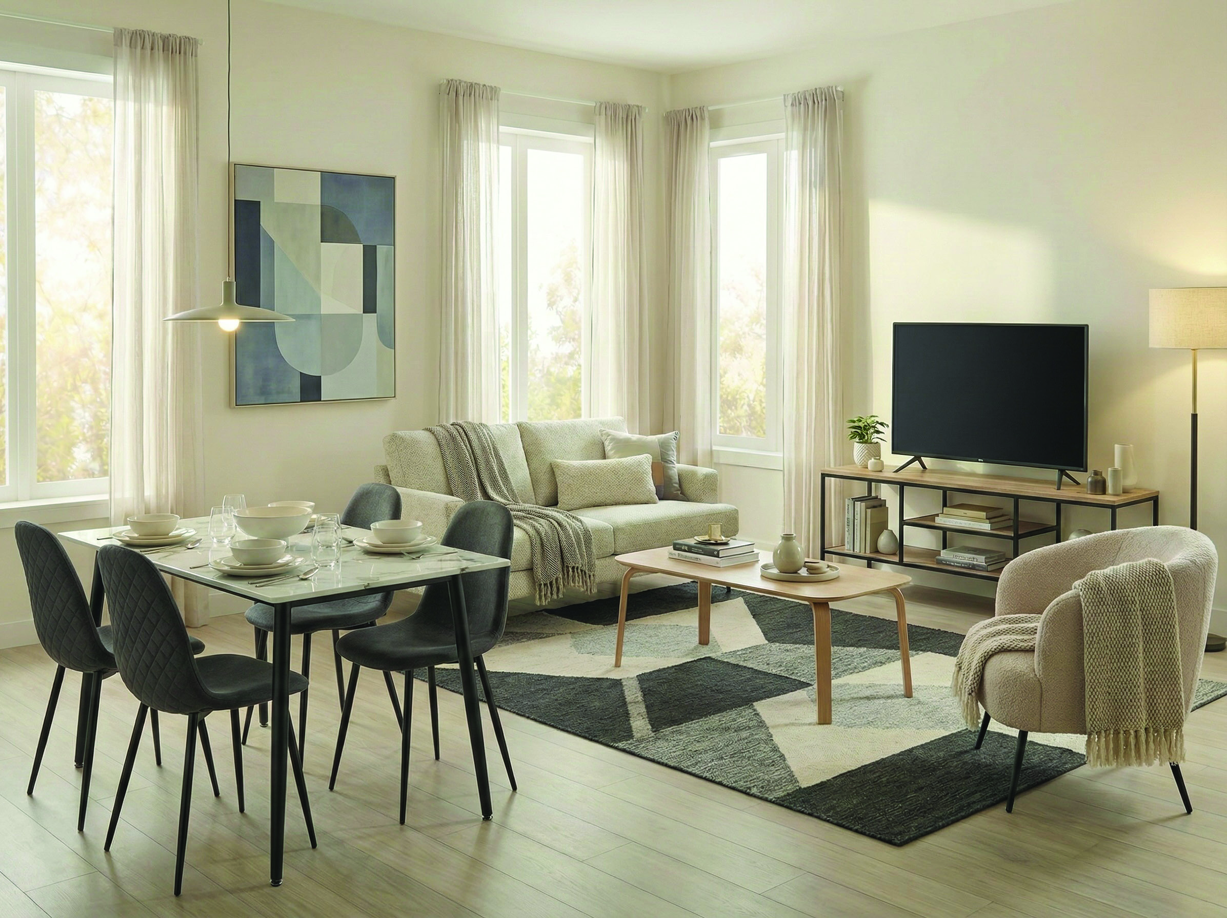 Furnished living room — scandi neutral style