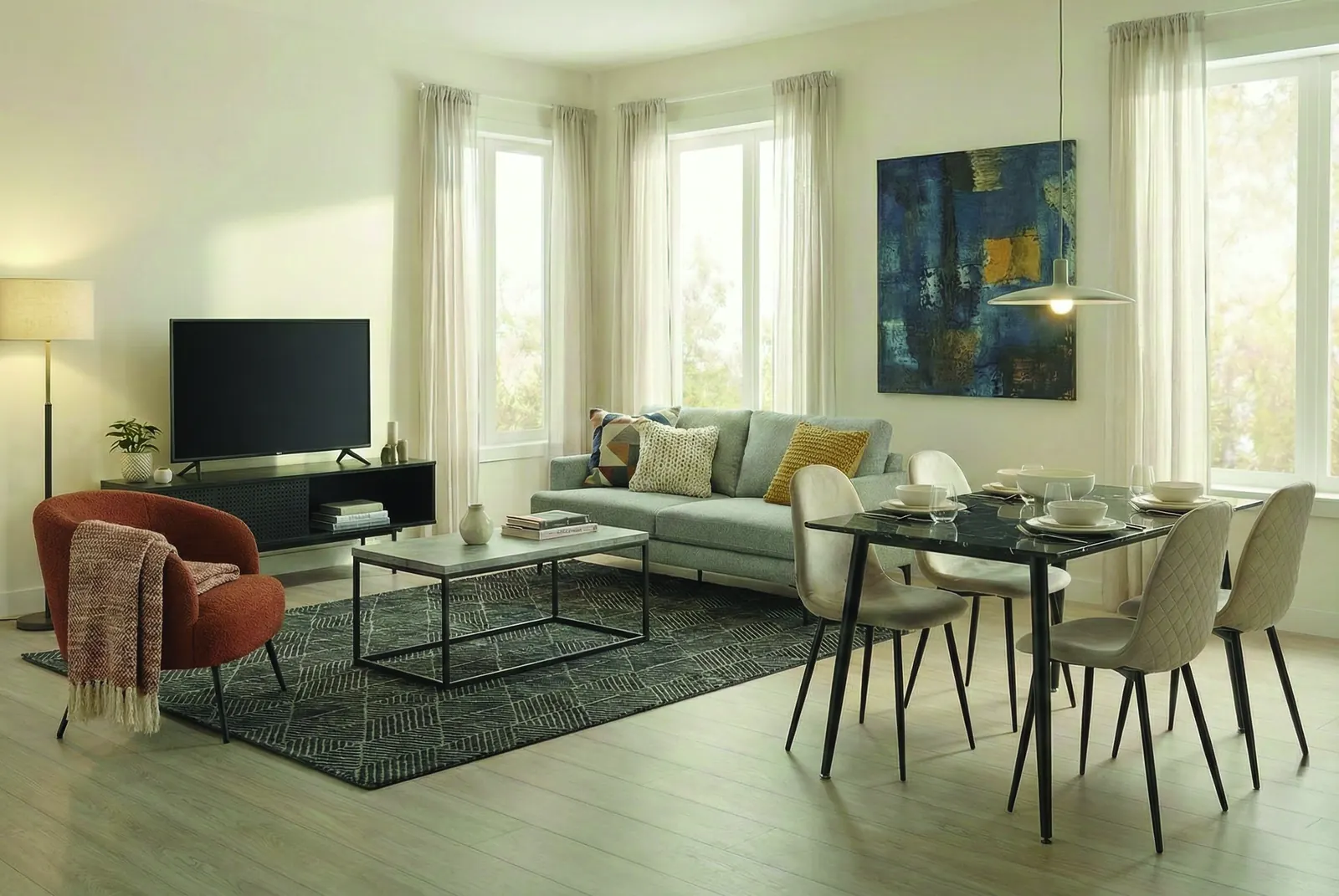 Professionally staged grey sofa living room